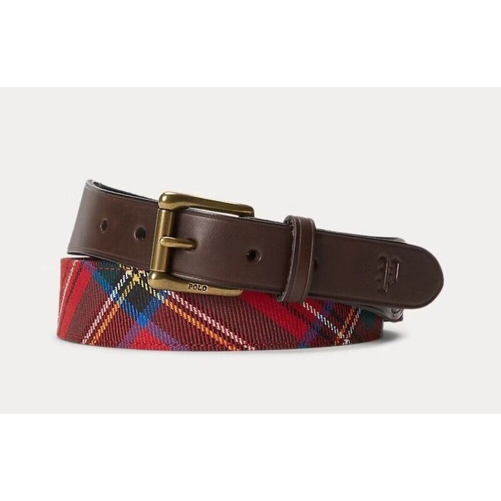 NWT Polo Ralph Lauren MEN'S BELT LARGE L Leather-Trim Plaid Belt